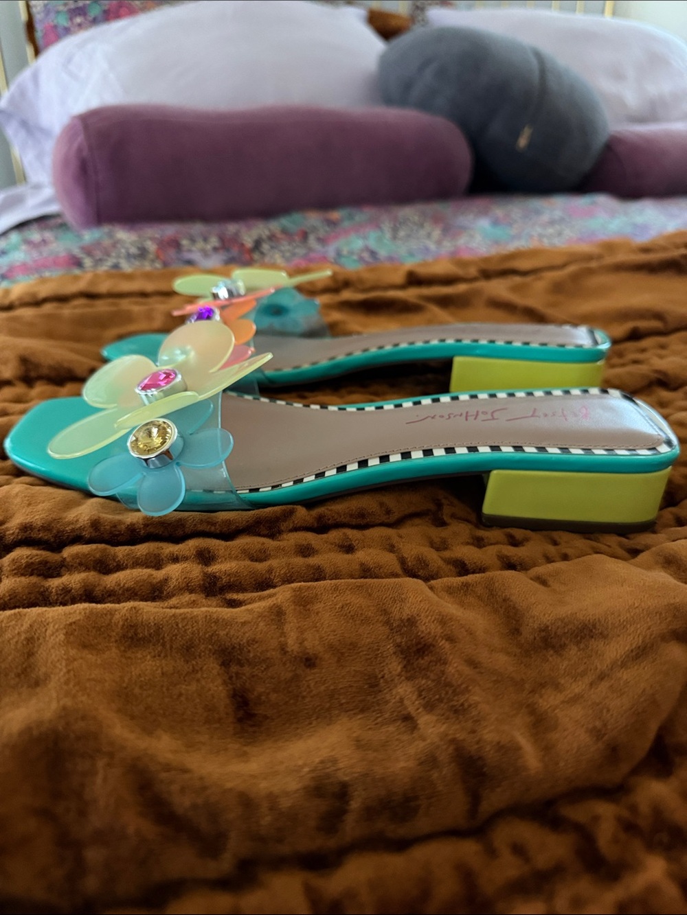 Betsey Johnson Turquoise Floral Jewel Slide Sandals - Picture 2 of 5